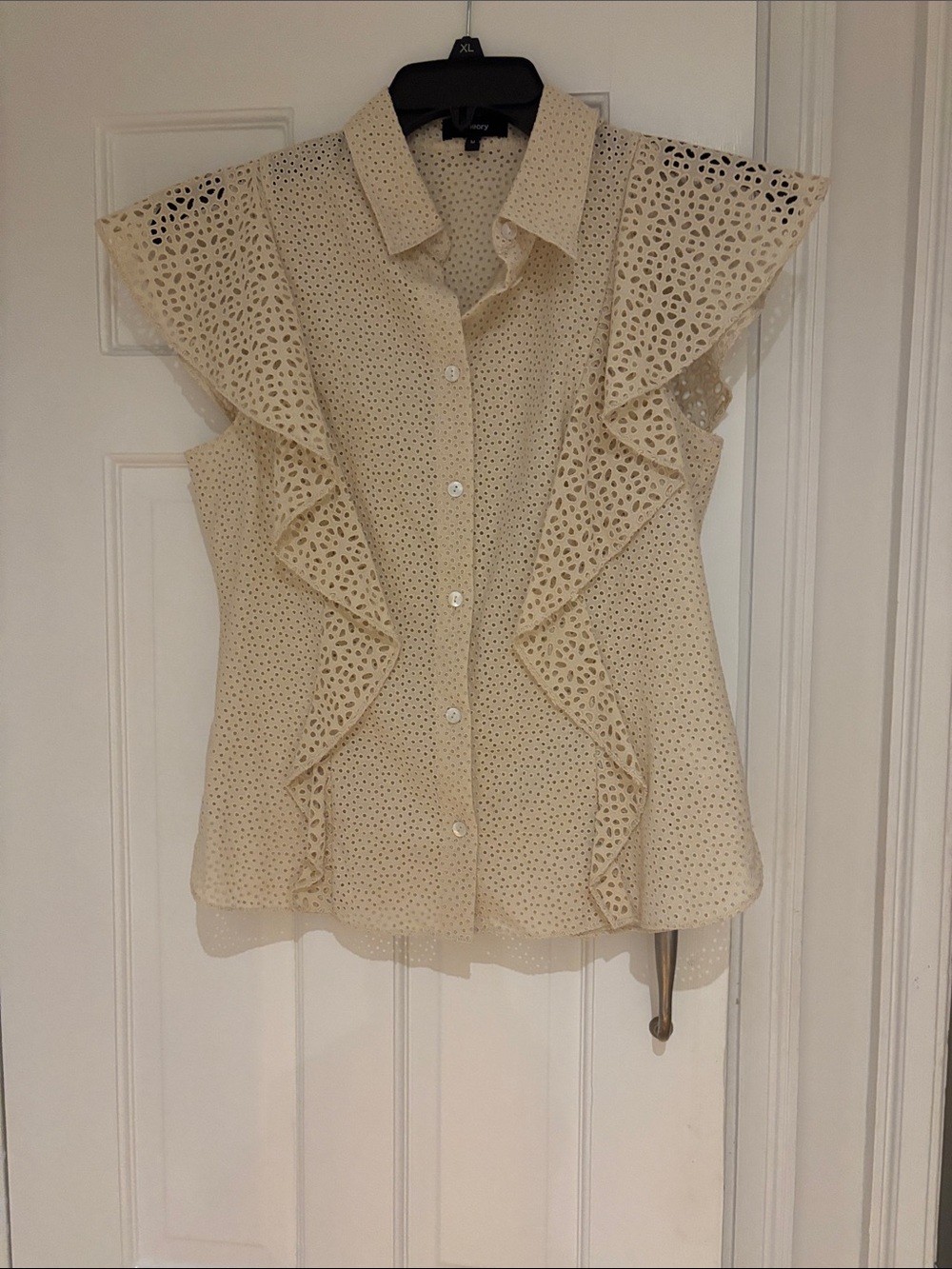 Theory Cream Eyelet Ruffle Button-Front Blouse